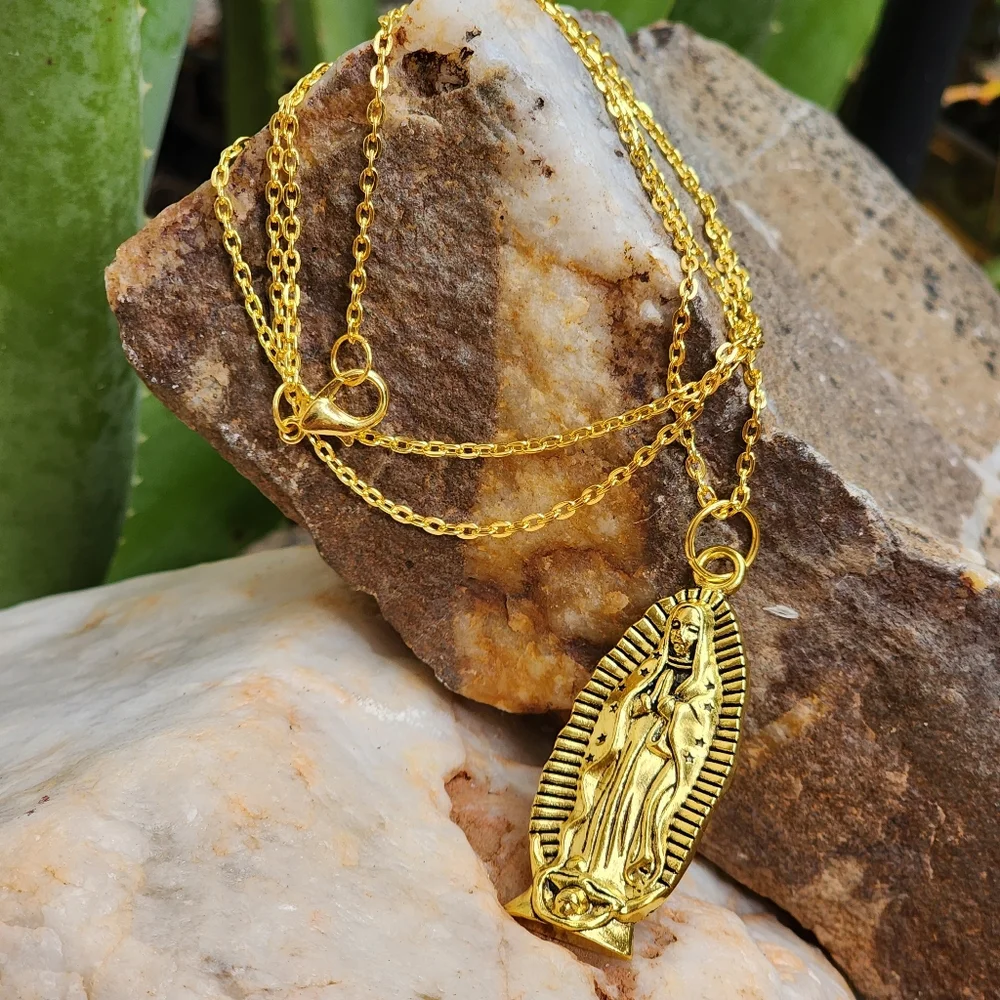 Large Our Lady of Guadalupe' Gold Medallion Long Chain Magnolia Rose